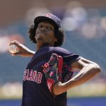 
              Cleveland Guardians starting pitcher Triston McKenzie throws during the first inning of a baseball game against the Detroit Tigers, Sunday, May 29, 2022, in Detroit. (AP Photo/Carlos Osorio)
            