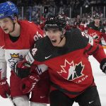 
              Canada's Dylan Cozens celebrates his goal during a match between the Czech Republic and Canada in the semifinals of the Hockey World Championships, in Tampere, Finland, Saturday, May 28, 2022. (AP Photo/Martin Meissner)
            