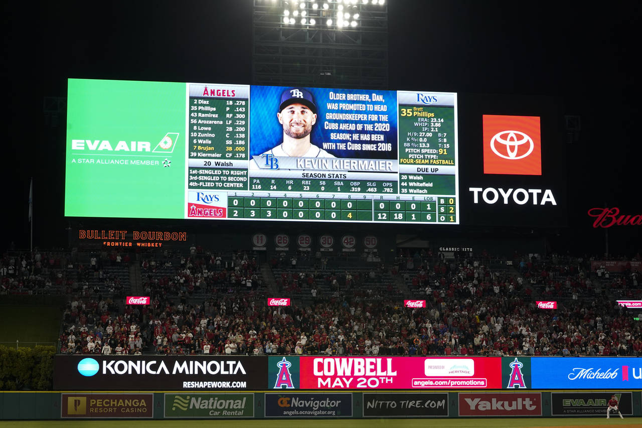 A scoreboard showing no hits for Los Angeles Angels starting pitcher Reid Detmers (48) is shown dur...