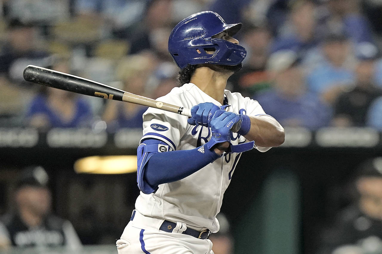 Kansas City Royals' MJ Melendez watches his two-run home run during the eighth inning of a baseball...