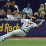 
              Detroit Tigers leftfielder Willi Castro makes the catch on a fly out by Tampa Bay Rays' Taylor Walls during the fifth inning of a baseball game Monday, May 16, 2022, in St. Petersburg, Fla. (AP Photo/Chris O'Meara)
            