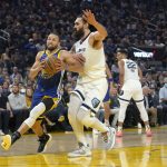 
              Golden State Warriors guard Stephen Curry drives to the basket against Memphis Grizzlies center Steven Adams during the first half of Game 6 of an NBA basketball Western Conference playoff semifinal in San Francisco, Friday, May 13, 2022. (AP Photo/Tony Avelar)
            