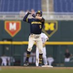 
              Michigan's Joe Stewart (5) signals to teammates after hitting a double against Rutgers in the fifth inning of the NCAA college Big Ten baseball championship game Sunday, May 29, 2022, at Charles Schwalb Field in Omaha, Neb. (AP Photo/Rebecca S. Gratz)
            