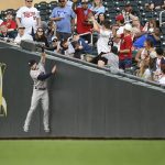 
              Houston Astros right fielder Kyle Tucker can't reach a foul ball hit by Minnesota Twins' Gio Urshela during the second inning of a baseball game, Tuesday, May 10, 2022, in Minneapolis. (AP Photo/Craig Lassig)
            