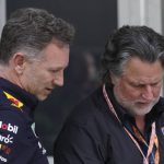 
              Red Bull Racing team principal Christian Horner, left, talks with Michael Andretti after the qualifying sessions for the Formula One Miami Grand Prix auto race at Miami International Autodrome, Saturday, May 7, 2022, in Miami Gardens, Fla. Andretti failed last year to buy an existing F1 team and has since applied for expansion to start a team. (AP Photo/Wilfredo Lee)
            