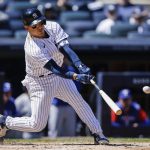 
              New York Yankees Jose Trevino hits a single during the fifth inning of a baseball game against the Texas Rangers at Yankee Stadium, Monday, May 9, 2022, in New York. (AP Photo/Eduardo Munoz Alvarez)
            