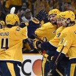 
              Nashville Predators defenseman Roman Josi, second from left, celebrates with teammates after scoring a goal against the Colorado Avalanche during the second period in Game 3 of an NHL hockey Stanley Cup first-round playoff series Saturday, May 7, 2022, in Nashville, Tenn. (AP Photo/Mark Zaleski)
            
