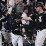 
              Chicago White Sox's Gavin Sheets, right, celebrates with Luis Robert after hitting a two-run home run during the sixth inning of a baseball game against the New York Yankees in Chicago, Friday, May 13, 2022. (AP Photo/Nam Y. Huh)
            