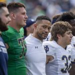 
              Notre Dame head coach Marcus Freeman stands with his players during the alma mater following the Notre Dame Blue-Gold Spring NCAA college football game on Saturday, April 23, 2022, at Notre Dame Stadium in South Bend, Ind. (Robert Franklin/South Bend Tribune via AP)
            