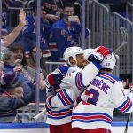 
              New York Rangers' Ryan Reaves (75) celebrates with teammates after scoring a goal during the third period of an NHL hockey game against the New York Islanders, Thursday, April 21, 2022, in Elmont, N.Y. (AP Photo/Frank Franklin II)
            