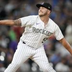 
              Colorado Rockies relief pitcher Lucas Gilbreath works against the Kansas City Royals during the ninth inning of a baseball game Saturday, May 14, 2022, in Denver. (AP Photo/David Zalubowski)
            