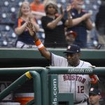 
              Houston Astros manager Dusty Baker Jr. (12) waves to the crowd as he is recognized before a baseball game against the Washington Nationals, Friday, May 13, 2022, in Washington. (AP Photo/Nick Wass)
            