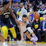 
              Stephen Curry (30) dribbles around Jaren Jackson Jr. (13) in Game 4 of an NBA basketball Western Conference playoff semifinal in San Francisco, Monday, May 9, 2022. (Scott Strazzante/San Francisco Chronicle via AP)
            