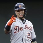 
              Detroit Tigers' Javier Baez celebrates his double against the Minnesota Twins in the first inning of a baseball game Monday, May 23, 2022, in Minneapolis. (AP Photo/Andy Clayton-King)
            