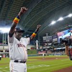 
              Houston Astros' Dusty Baker Jr. (12) celebrates after a baseball game against the Seattle Mariners Tuesday, May 3, 2022, in Houston. The Astros won 4-0 giving Baker 2,000 career wins. (AP Photo/David J. Phillip)
            