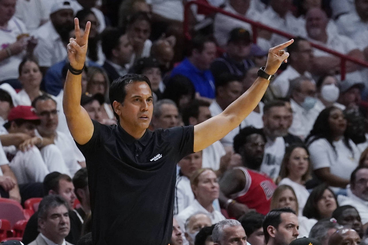 Miami Heat head coach Erik Spoelstra gestures during the first half of Game 1 of an NBA basketball ...