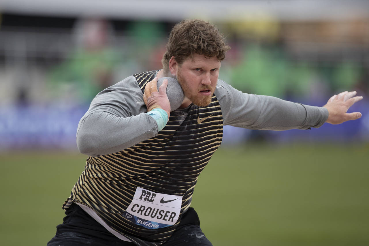 The United States' Ryan Crouser competes in the men's shot put during the Prefontaine Classic track...