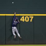 
              Tampa Bay Rays center fielder Brett Phillips leaps but is unable to reach a two-run home run by Texas Rangers' Eli White in the second inning of a baseball game, Monday, May 30, 2022, in Arlington, Texas. (AP Photo/Tony Gutierrez)
            