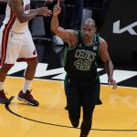 
              Boston Celtics center Al Horford (42) gestures after scoring during the first half of Game 5 of the NBA basketball Eastern Conference finals playoff series against the Miami Heat, Wednesday, May 25, 2022, in Miami. (AP Photo/Wilfredo Lee)
            