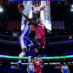 
              Miami Heat's Victor Oladipo (4) goes up for a shot against Philadelphia 76ers' Tyrese Maxey during the second half of Game 6 of an NBA basketball second-round playoff series, Thursday, May 12, 2022, in Philadelphia. (AP Photo/Matt Slocum)
            
