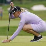 
              Madelene Sagstrom, of Sweden, lines up a putt on the first green during the third round of the LPGA Cognizant Founders Cup golf tournament, Saturday, May 14, 2022, at the Upper Montclair Country Club in Clifton, N.J. (AP Photo/John Minchillo)
            