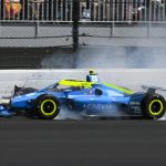 
              Jimmie Johnson hits the wall in the second turn late in the Indianapolis 500 auto race at Indianapolis Motor Speedway in Indianapolis, Sunday, May 29, 2022. (AP Photo/Greg Huey)
            