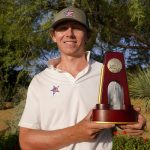 
              Vanderbilt golfer Gordon Sargent holds the champions trophy after the final round of the NCAA college men's stroke play golf championship, Monday, May 30, 2022, in Scottsdale, Ariz. (AP Photo/Matt York)
            
