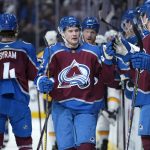 
              Colorado Avalanche left wing Artturi Lehkonen (62)is congratulated for his goal against the Nashville Predators during the first period in Game 1 of an NHL hockey Stanley Cup first-round playoff series Tuesday, May 3, 2022, in Denver. (AP Photo/Jack Dempsey)
            