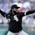 
              Chicago White Sox starting pitcher Johnny Cueto throws during the first inning of a baseball game against the Kansas City Royals Monday, May 16, 2022, in Kansas City, Mo. (AP Photo/Charlie Riedel)
            