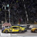 
              Ryan Blaney (12), Austin Cindric (2) and Joey Logano (22) take the green flag for the final restart of the NASCAR All-Star auto race at Texas Motor Speedway in Fort Worth, Texas, Sunday, May 22, 2022. (AP Photo/Larry Papke)
            