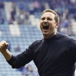 
              Everton's head coach Frank Lampard celebrates after winning the English Premier League soccer match between Leicester City and Everton at King Power Stadium in Leicester, England, Sunday, May 8, 2022. Everton won 2-1. (AP Photo/Rui Vieira)
            