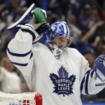 
              Toronto Maple Leafs goaltender Jack Campbell (36) reacts after giving up a goal to Tampa Bay Lightning's Corey Perry during the second period in Game 4 of an NHL hockey first-round playoff series Sunday, May 8, 2022, in Tampa, Fla. (AP Photo/Chris O'Meara)
            