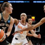 
              New York Liberty guard Sabrina Ionescu (20) looks to pass against Connecticut Sun forward DeWanna Bonner (24) in the second half during a WNBA basketball game, Tuesday, May 17, 2022, in New York. (AP Photo/John Minchillo)
            