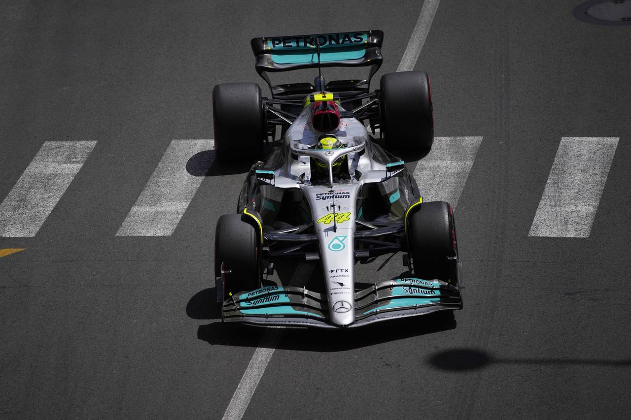 Mercedes driver Lewis Hamilton of Britain steers his car during the third free practice at the Mona...
