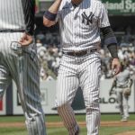 
              New York Yankees' Josh Donaldson (28) steps back to first base during the third inning of a baseball game against Chicago White Sox, Saturday May 21, 2022, in New York. (AP Photo/Bebeto Matthews)
            