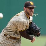 
              San Diego Padres starting pitcher Joe Musgrove delivers during the first inning of a baseball game against the San Diego Padres in Pittsburgh, Sunday, May 1, 2022. (AP Photo/Gene J. Puskar)
            