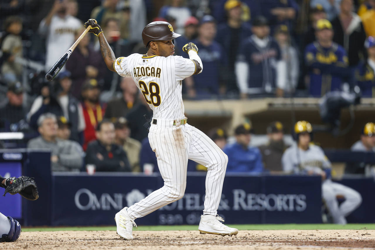 San Diego Padres' Jose Azocar hits a walkoff single to defeat the Milwaukee Brewers 3-2 during the ...