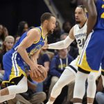 
              Golden State Warriors guard Stephen Curry, left, handles the ball against Memphis Grizzlies forward Dillon Brooks (24) in the first half during Game 1 of a second-round NBA basketball playoff series Sunday, May 1, 2022, in Memphis, Tenn. (AP Photo/Brandon Dill)
            