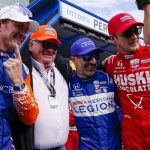 
              From left to right, Scott Dixon, of New Zealand, celebrates after winning the pole with car owner Chip Ganassi and teammates Tony Kanaan, of Brazil, and Marcus Ericsson, of Sweden, during qualifications for the Indianapolis 500 auto race at Indianapolis Motor Speedway in Indianapolis, Sunday, May 22, 2022. (AP Photo/Michael Conroy)
            