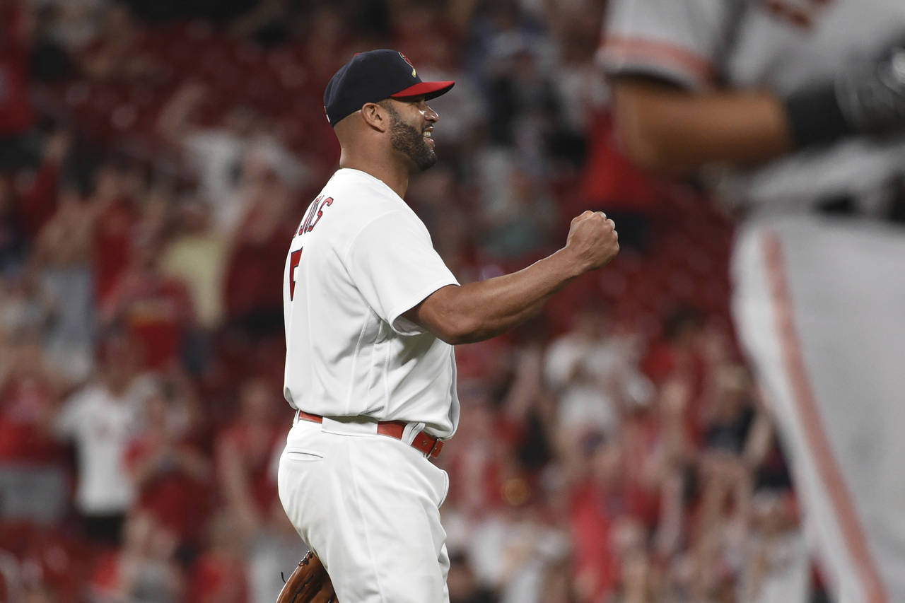 St. Louis Cardinals relief pitcher Albert Pujols (5) reacts after beating the San Francisco Giants ...