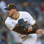 
              San Diego Padres starting pitcher Joe Musgrove watches a throw to a Pittsburgh Pirates batter during the first inning of a baseball game Saturday, May 28, 2022, in San Diego. (AP Photo/Mike McGinnis)
            