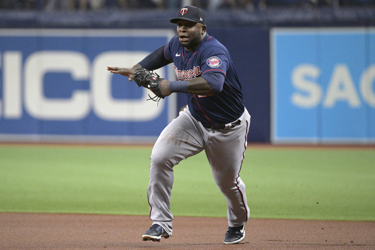 Minnesota Twins first baseman Miguel Sano sprints to the bag to get an out after fielding a ground ...