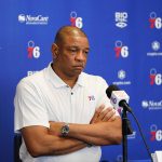 
              Philadelphia 76ers' Doc Rivers pauses during a news conference at the team's NBA basketball practice facility, Friday, May 13, 2022, in Camden, N.J. (AP Photo/Matt Slocum)
            