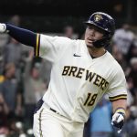 
              Milwaukee Brewers' Keston Hiura is celebrates after hitting a walkoff two-run home run during the 11th inning of a baseball game against the Atlanta Braves Wednesday, May 18, 2022, in Milwaukee. The Brewers won 7-6. (AP Photo/Morry Gash)
            