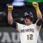 
              Milwaukee Brewers' Hunter Renfroe reacts after hitting a double during the second inning of a baseball game Wednesday, May 18, 2022, in Milwaukee. (AP Photo/Morry Gash)
            