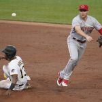 
              Cincinnati Reds third baseman Brandon Drury throws to first after forcing out Pittsburgh Pirates' Ke'Bryan Hayes at second on the front end of a double play hit into by Bryan Reynolds during the third inning of a baseball game Thursday, May 12, 2022, in Pittsburgh. (AP Photo/Keith Srakocic)
            