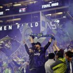 
              Seattle Sounders fans celebrate after the Sounders defeated Pumas to win the CONCACAF Champions League soccer final Wednesday, May 4, 2022, in Seattle. (AP Photo/Ted S. Warren)
            