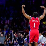 
              Philadelphia 76ers' James Harden reacts during the second half of Game 4 of an NBA basketball second-round playoff series against the Miami Heat, Sunday, May 8, 2022, in Philadelphia. (AP Photo/Matt Slocum)
            