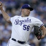 
              Kansas City Royals starting pitcher Brad Keller throws during the first inning of a baseball game against the Chicago White Sox Monday, May 16, 2022, in Kansas City, Mo. (AP Photo/Charlie Riedel)
            