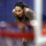 
              FILE - Phoenix Mercury's Brittney Griner watches during WNBA basketball practice on May 10, 2018, in Phoenix.  The WNBA will begin its 26th season this weekend with many fascinating storylines including the potential retirement of Sue Bird and Sylvia Fowles, the return of Becky Hammon as a coach and the absence of Brittney Griner.  (AP Photo/Matt York, File)
            